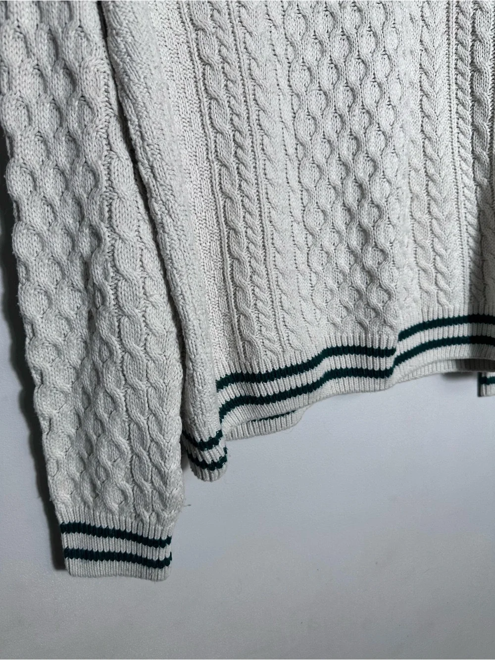 Topman Cream Cable Knit Crewneck Sweater with Dark Stripe Hem
